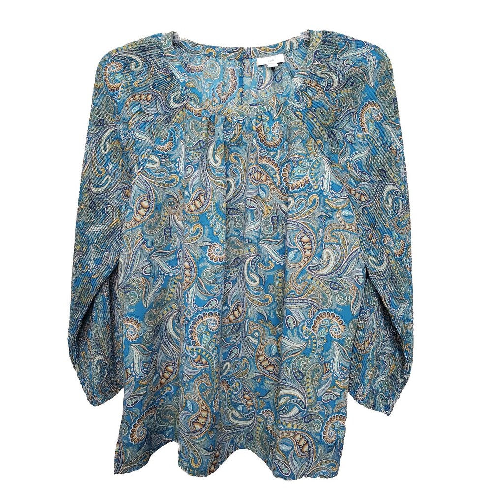 J Jill Green Paisley Micro-Pleated Sleeve Blouse Size LP Petite
